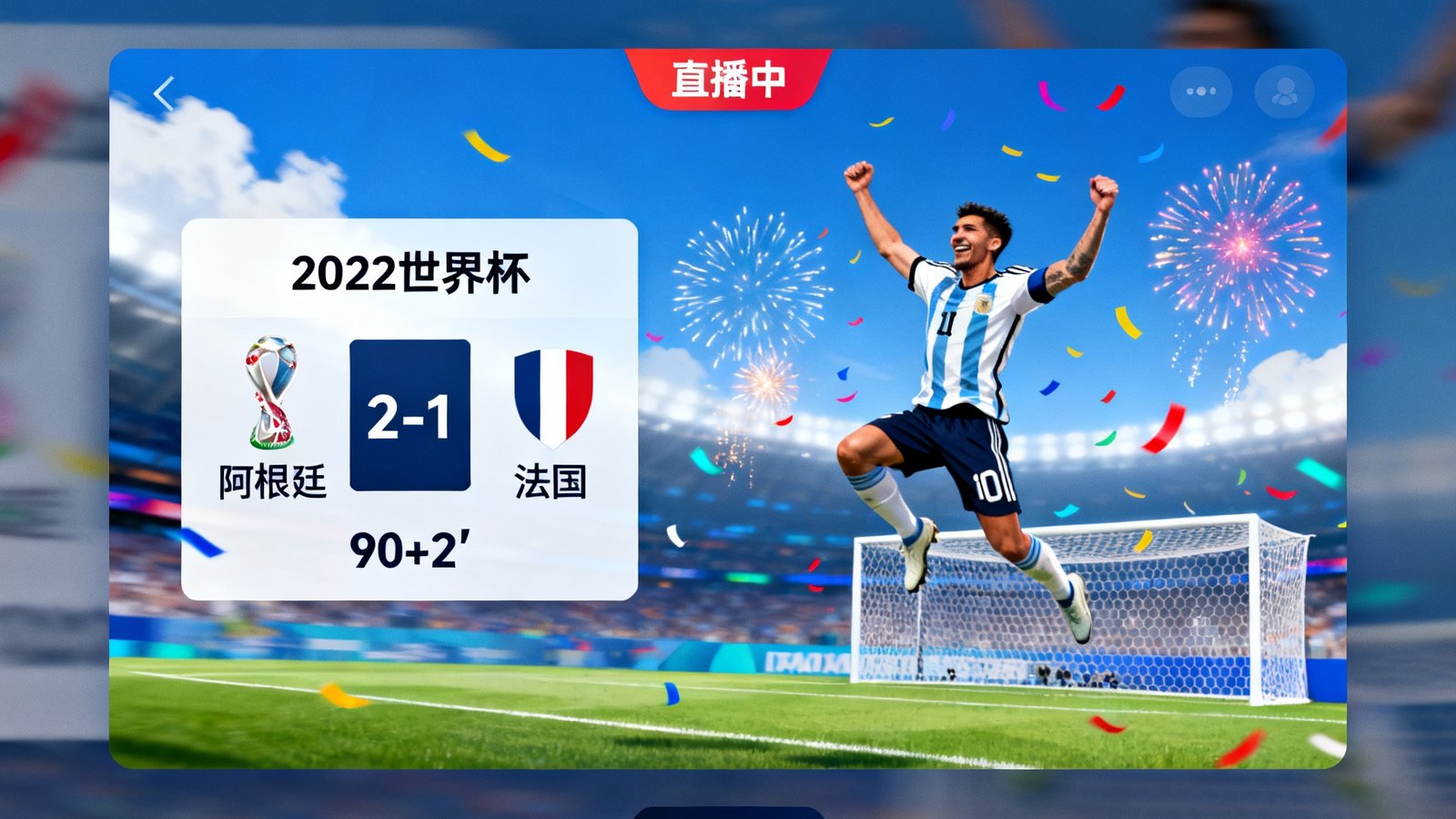 世界杯高清直播界面展示实时比分弹窗与进球庆祝动画